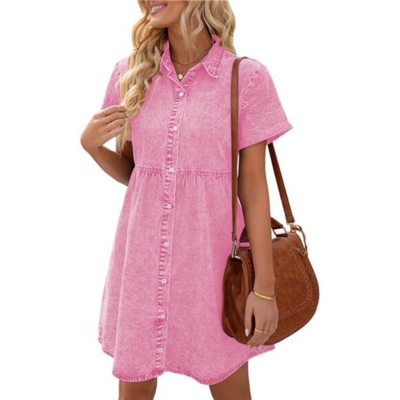 Women's Pink Short Sleeve Button Down Flowy Tiered Mini Babydoll Denim‎ Dresses - Picture 1 of 6